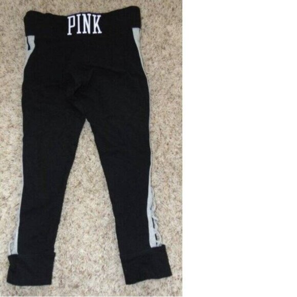 Womens Victorias Secret PINK Yoga Pants Medium Black Cropped White Strappy Legs - Picture 5 of 6